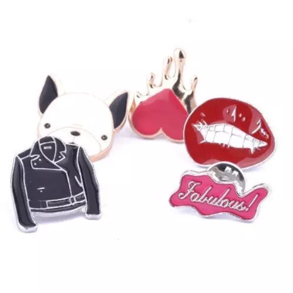 Set of 5 Enamel pins Rock and Roll Lips jacket